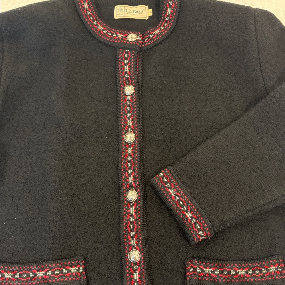L.L. Bean Vintage Black Wool Cardigan with Red Accents - Picture 3 of 6